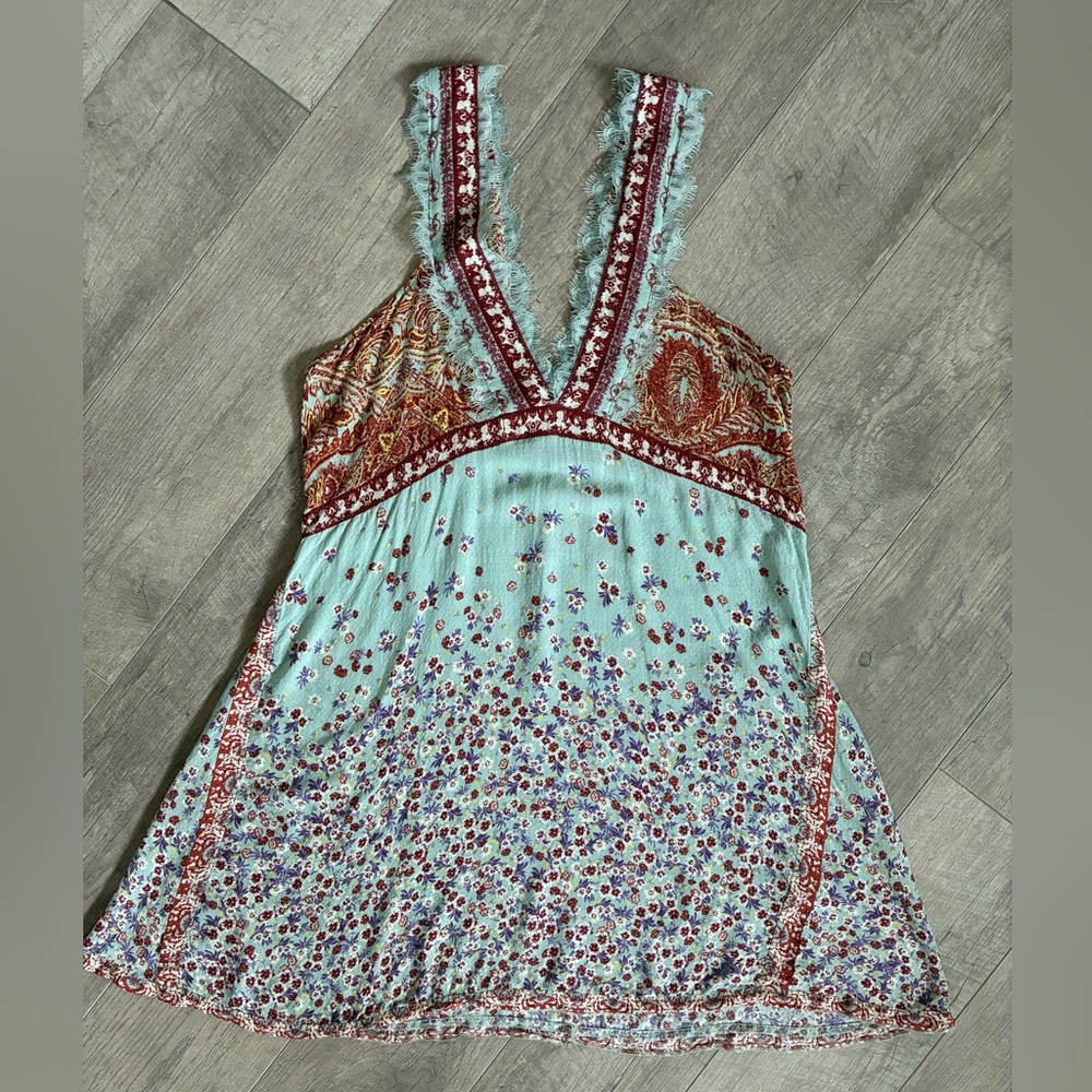 Free People Intimately East Willow Mint Multi Floral Lace-Trim V-Neck Mini Dress - Picture 8 of 8
